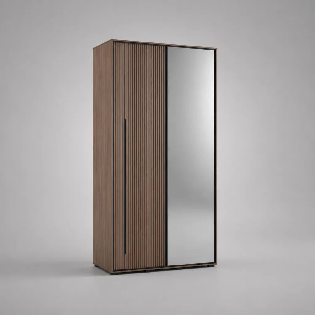 Armadio guardaroba rettangolare a 2 ante battenti in MDF con specchio, marrone noce, nero e argento, 100 x 55 x 200 cm