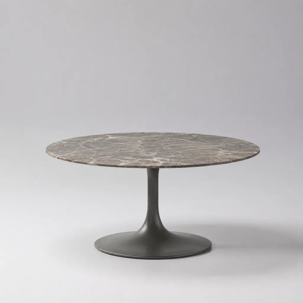 Tavolino da caffè rotondo in marmo grigio con base a piedistallo in alluminio antracite, Ø 90 × H 40 cm