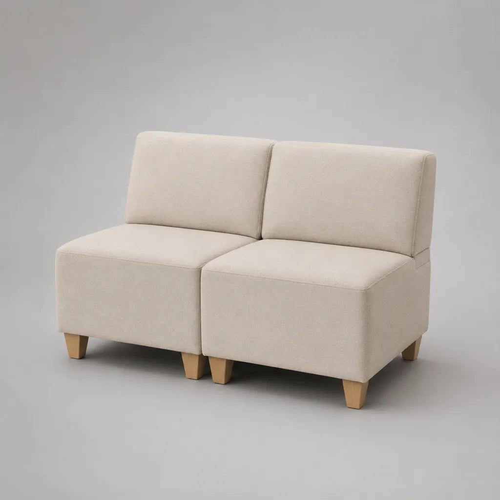 Divano modulare a 2 posti in tessuto beige, 2 moduli senza braccioli con gambe in legno, 126 × 74 × 82 cm