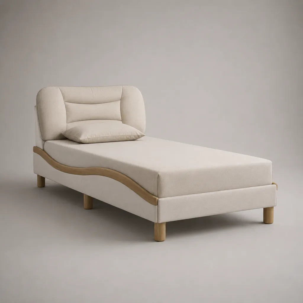 Letto singolo imbottito in tessuto crema con struttura in legno, rete a doghe, materasso e 2 cuscini, 90 x 200 cm