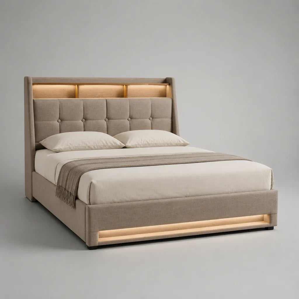 Letto contenitore matrimoniale imbottito in velluto beige 220 x 178 x 125 cm, rete 160 x 200 cm, testiera trapuntata e luci LED