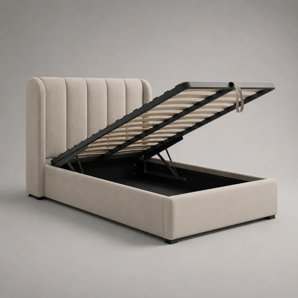 Letto matrimoniale contenitore in tessuto effetto velluto beige e metallo nero, per materasso 160 x 200 cm, dimensioni 176 x 215 x 115 cm