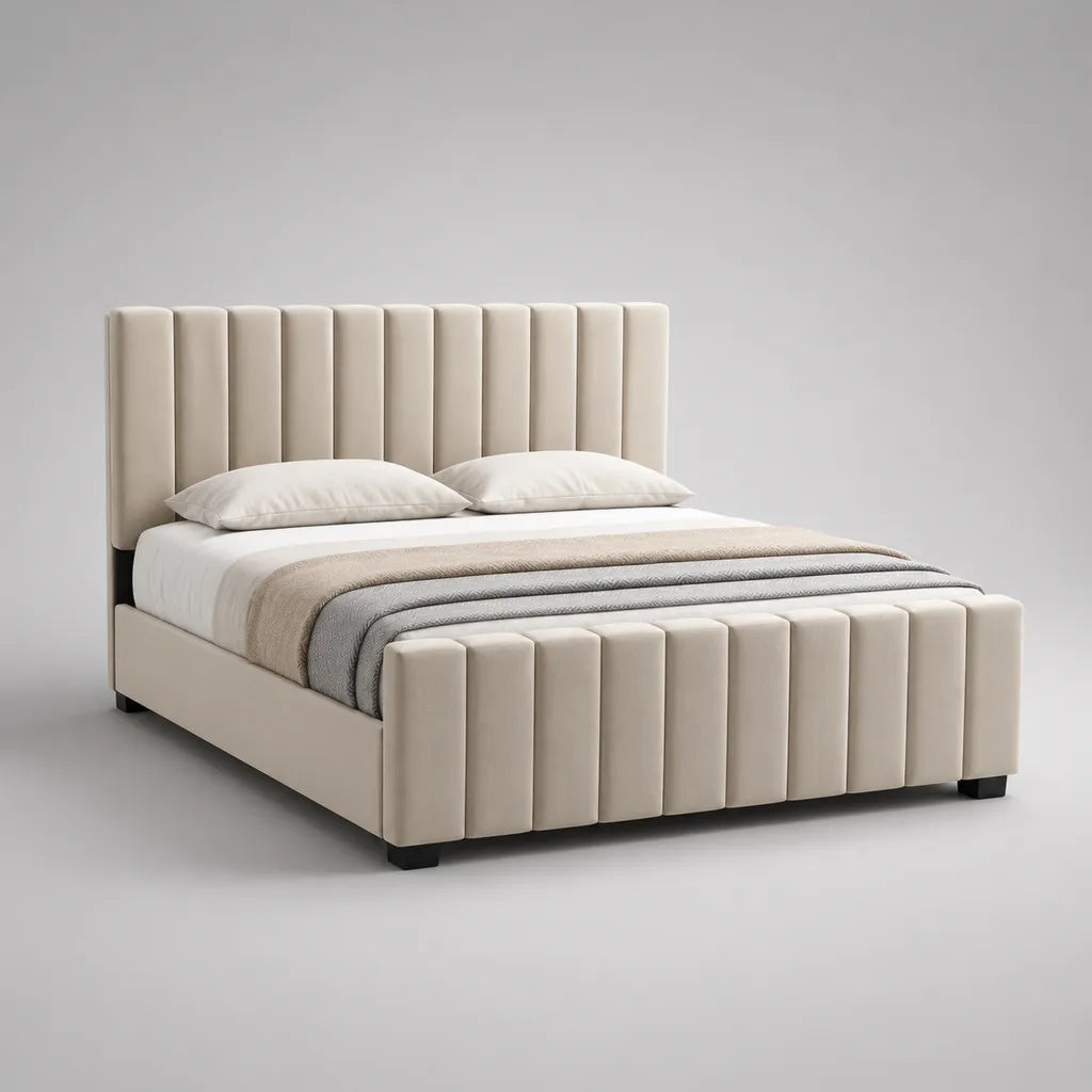 Letto matrimoniale imbottito in velluto beige 180 x 220 x 130 cm per materasso 160 x 200 cm, con testiera e pediera