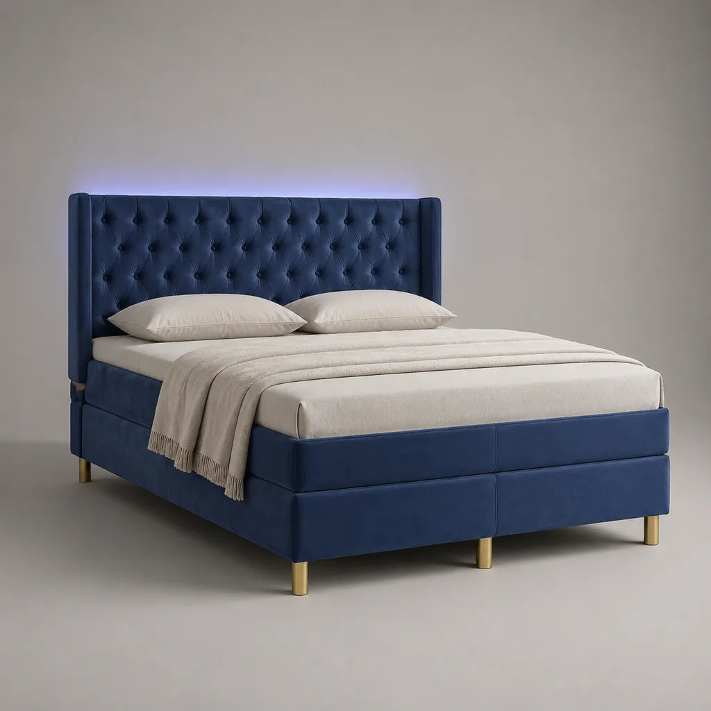 Letto matrimoniale imbottito in velluto blu con testiera capitonné, LED e piedini in metallo, 170 x 218 x 120 cm, rete 160 x 200 cm