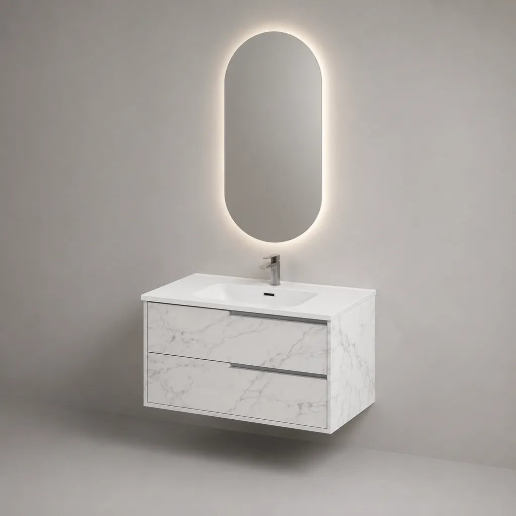 Set bagno sospeso 3 pezzi in MDF, ceramica e vetro, bianco effetto marmo, mobile con lavabo 90 × 46 × 54 cm e specchio LED 50 × 90 cm