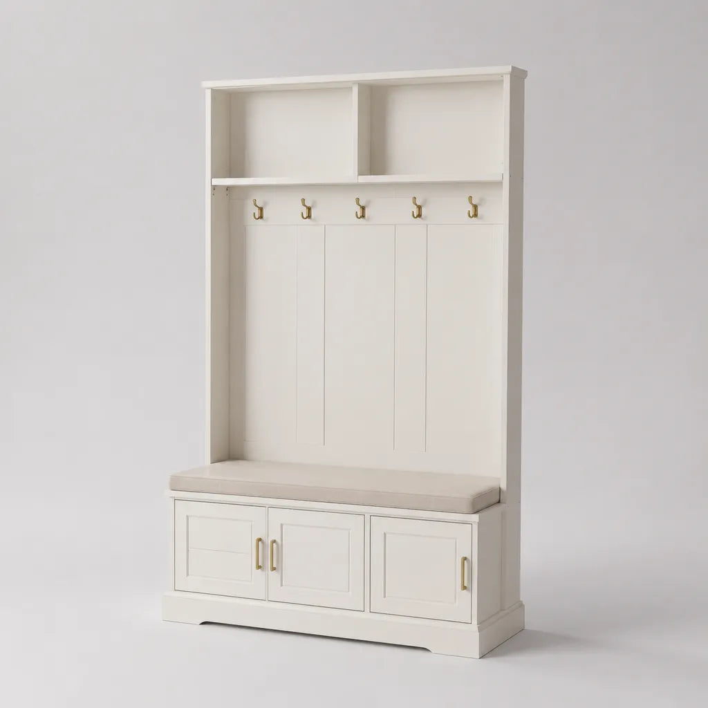 Mobile da ingresso appendiabiti in legno con panca contenitore, 3 ante e 5 ganci, bianco e beige, 120 × 40 × 190 cm