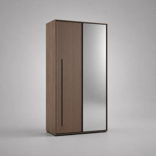Armadio guardaroba rettangolare a 2 ante battenti in MDF con specchio, marrone noce, nero e argento, 100 x 55 x 200 cm