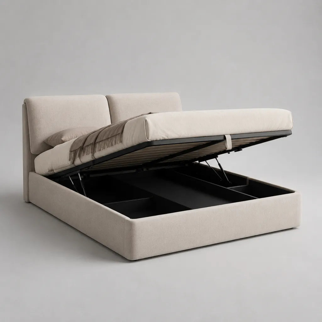 Letto contenitore matrimoniale 160 × 200 cm in poliestere beige con testiera imbottita e rete a doghe