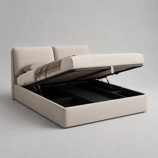 Letto contenitore matrimoniale 160 × 200 cm in poliestere beige con testiera imbottita e rete a doghe