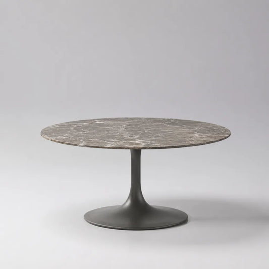 Tavolino da caffè rotondo in marmo grigio con base a piedistallo in alluminio antracite, Ø 90 × H 40 cm