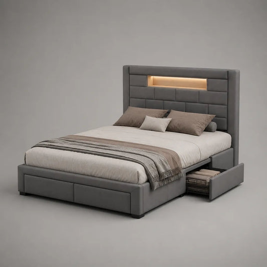 Letto matrimoniale imbottito 160 x 200 cm in microfibra di poliestere grigio con rete a doghe, cassetto laterale e testiera con LED