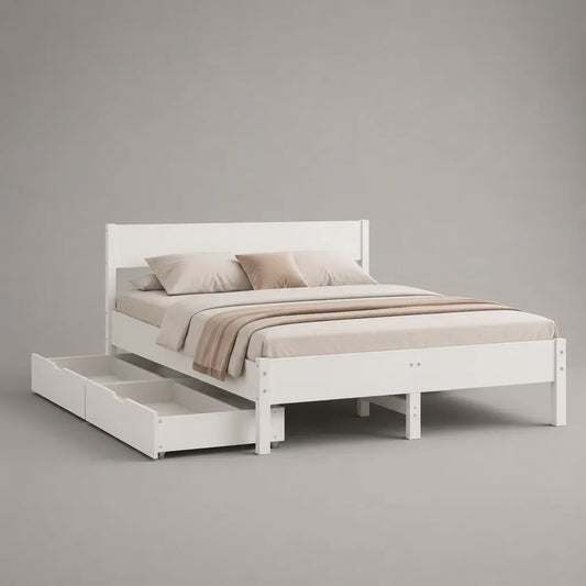 Letto matrimoniale 160 × 200 cm in legno massello di pino bianco con 2 cassetti
