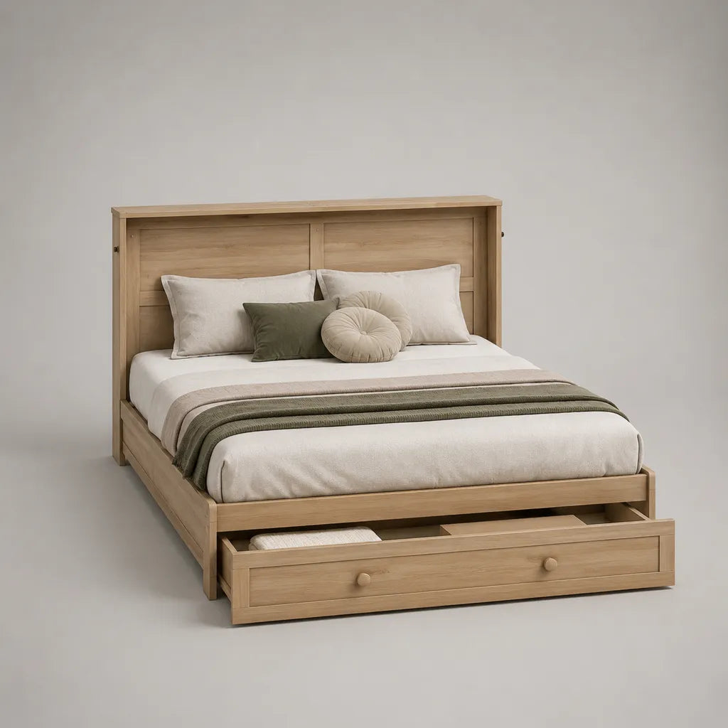Letto matrimoniale in legno 160 x 200 cm con testiera, rete a doghe e cassetto estraibile, rovere naturale