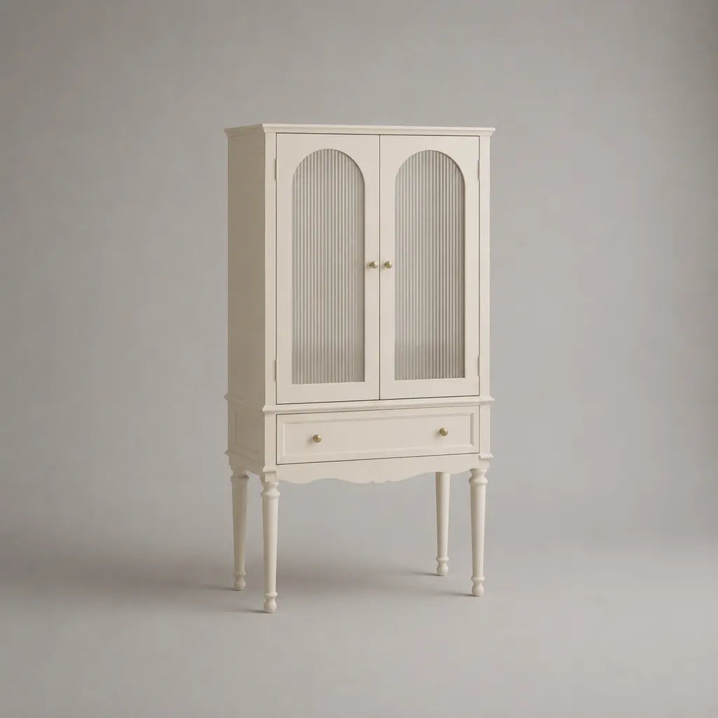 Armadio vetrina rettangolare a 2 ante e 1 cassetto in legno e vetro, bianco crema, 80 x 40 x 160 cm