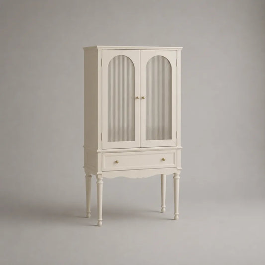 Armadio vetrina rettangolare a 2 ante e 1 cassetto in legno e vetro, bianco crema, 80 x 40 x 160 cm