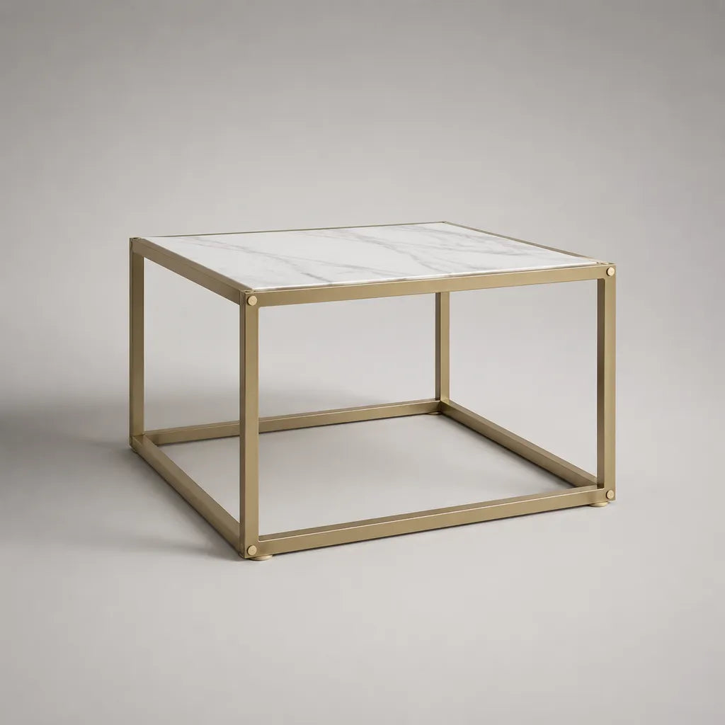 Tavolino da caffè quadrato in vetro e acciaio, bianco e oro, 60 × 60 × 45 cm