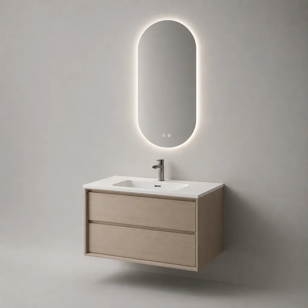 Composizione bagno sospesa effetto rovere chiaro con lavabo in ceramica bianca 80 x 46 x 50 cm e specchio ovale LED 50 x 90 cm