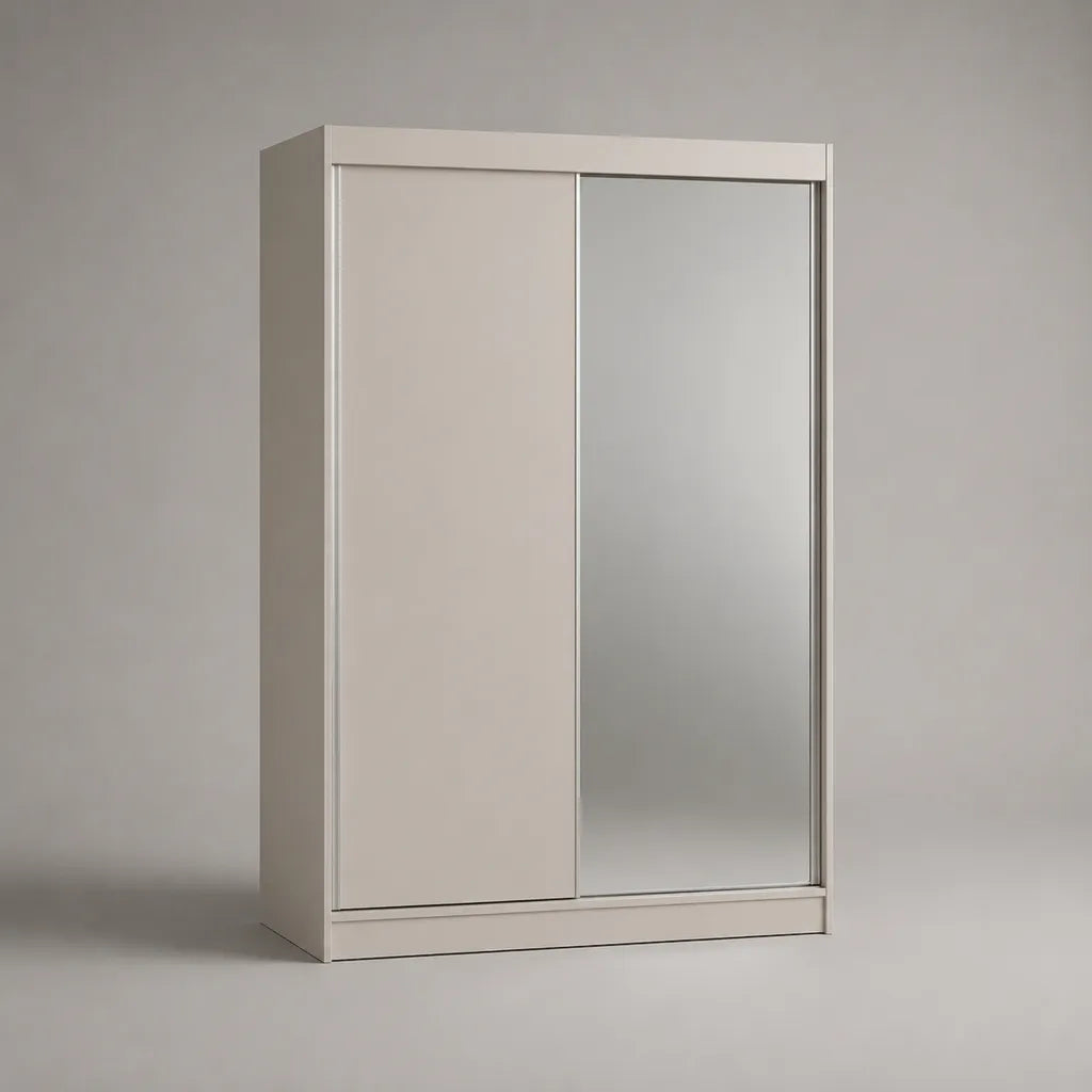 Armadio guardaroba in pannello truciolare melaminico bianco e argento con 2 ante scorrevoli e specchio, 120 x 60 x 200 cm