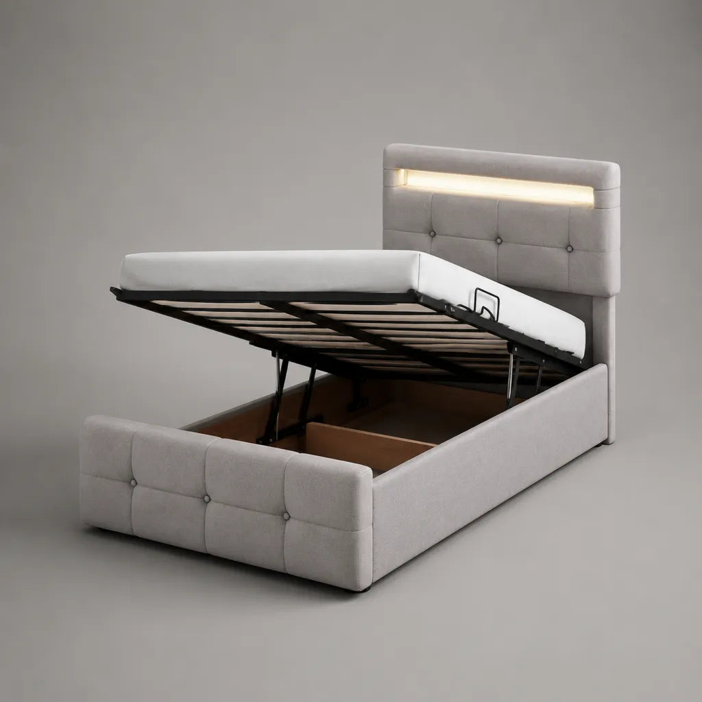 Letto contenitore matrimoniale in tessuto grigio chiaro 170 × 214 × 120 cm, rete sollevabile 160 × 200 cm e testiera con illuminazione LED