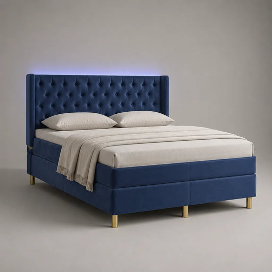 Letto matrimoniale imbottito in velluto blu con testiera capitonné, LED e piedini in metallo, 170 x 218 x 120 cm, rete 160 x 200 cm