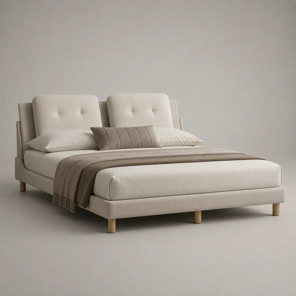 Letto matrimoniale imbottito in tessuto crema con testiera a due pannelli e gambe in legno, 160 x 200 cm, dimensioni 176 x 218 x 108 cm
