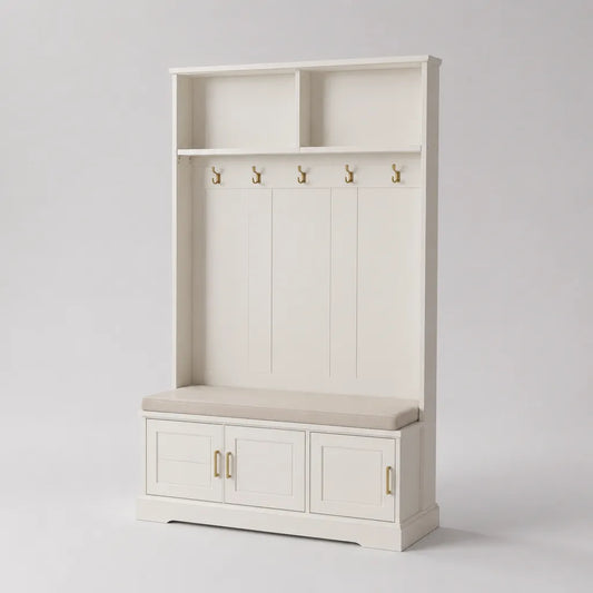 Mobile da ingresso appendiabiti in legno con panca contenitore, 3 ante e 5 ganci, bianco e beige, 120 × 40 × 190 cm