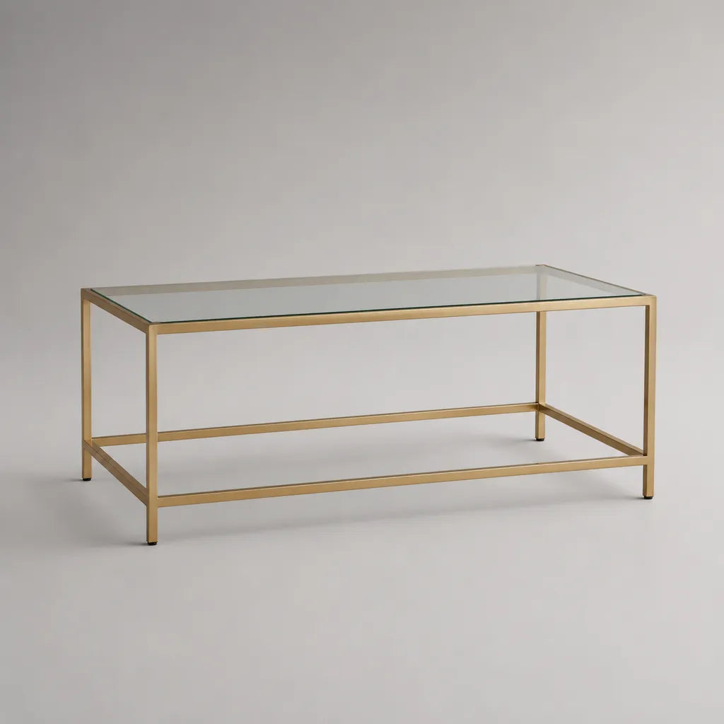 Tavolino da caffè rettangolare in vetro e acciaio color oro, 110 × 55 × 45 cm