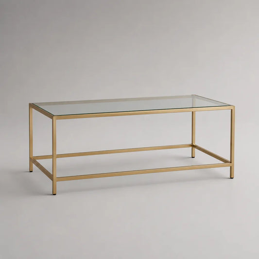 Tavolino da caffè rettangolare in vetro e acciaio color oro, 110 × 55 × 45 cm
